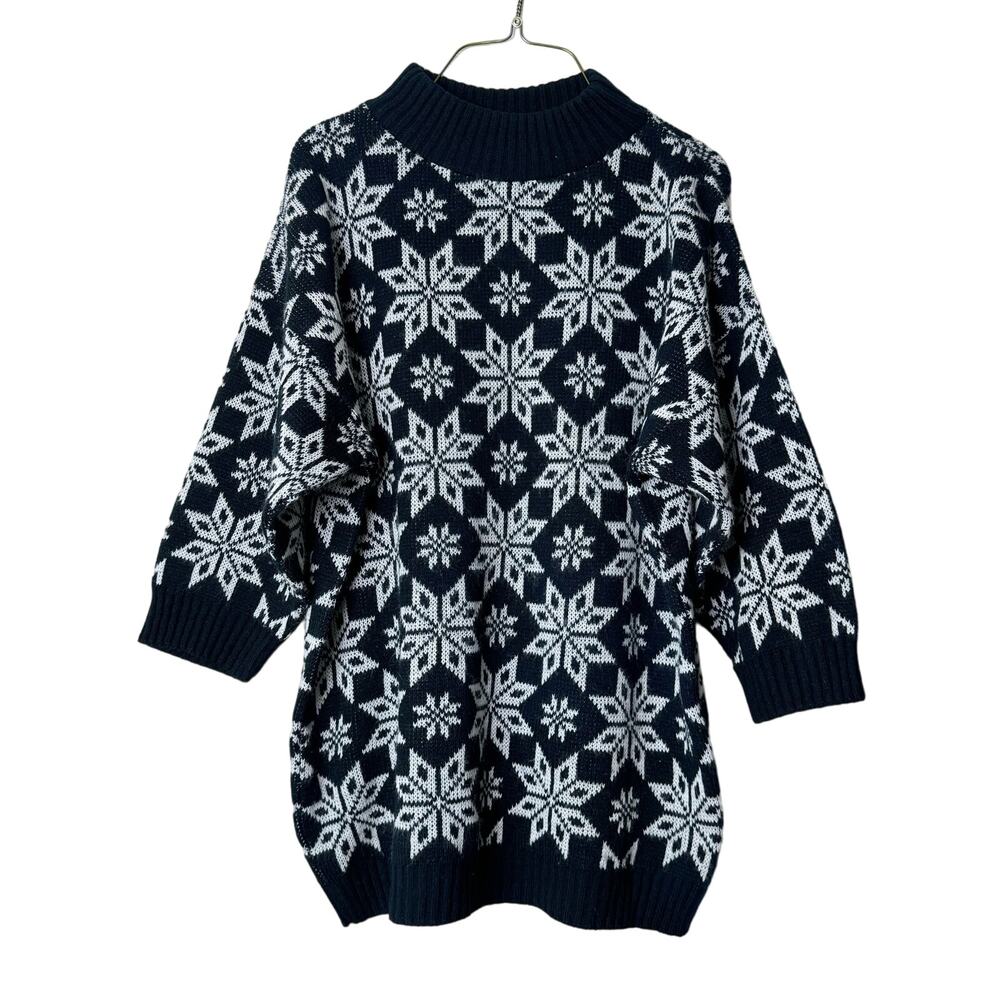 Garland VINTAGE black‎ snowflake mock neck tunic oversized sweater Size 18